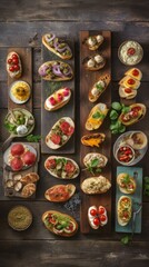 Different kinds of colorful bruschettas on black background, flat lay, italian gourmet starters
