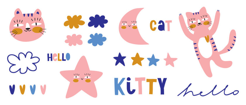 Pink Cat.Colorful Hand Drawn Vector Graphics With Cute Kitty, Stars, Clouds, Moon and Hearts. Handritten "Hello", "Cat" and "Kitty". Happy Kitty Print Set for DIY Card, Wall Art, Poster, Decoration.