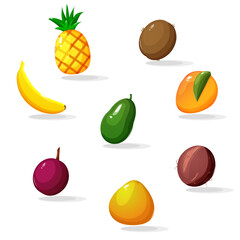 Set of exotic fruits. Banana, mango, avocado, kiwi, pineapple, passion fruit, pomelo, coconut design. Exotic fruits in flat style