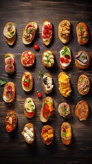 bruschettas flat lay, black background, showcases the culinary diversity of Italian starters