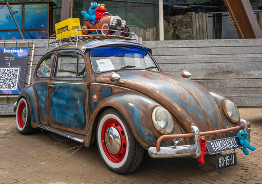 Scheveningen, The Netherlands, 14.05.2023, Old timer Volkswagen Beetle from 1969 ramshackle stylized at The Aircooled classic car show