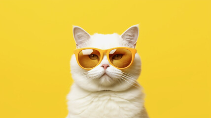 Portrait of a cute white cat in sunglasses on a yellow background. Summer holiday concept, sale of sunglasses. Template for an advertising banner. Generated by AI