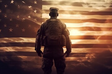Soldier and USA flag, Independence Day, 4th July concept banner, Generative Ai