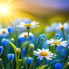 Beautiful blurred spring floral background nature with blooming glade of daisies and blue sky on sunny day.. Generative AI.