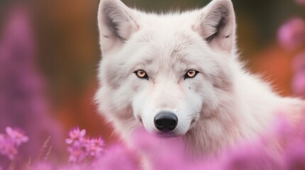 White wolf among pink flowers, in spring. Generative AI