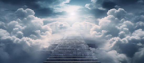 Stairway through the clouds to the heavenly AI Generated Image - obrazy, fototapety, plakaty