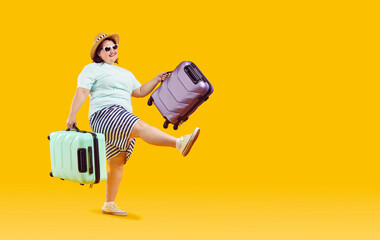 Happy funny woman going on summer vacation. Cheerful fat overweight woman in T shirt, shorts, sun...