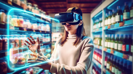 person wearing vr glass,virtual reality headsets and using virtual assistant or panel interface hologram transparent for shopping product.technology development.generative ai technology