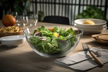 Diet green salad with lettuce and vegetables in a plate on the table. Generative AI