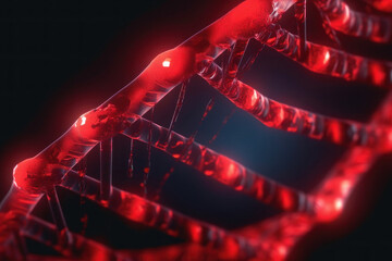 Red DNA helix, human genome. AI generative.