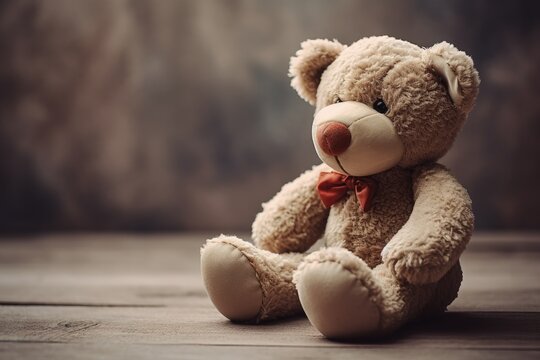 A beautiful toy beige teddy bear with a red bow sits on a table, blurred background. Generative AI - Powered by Adobe