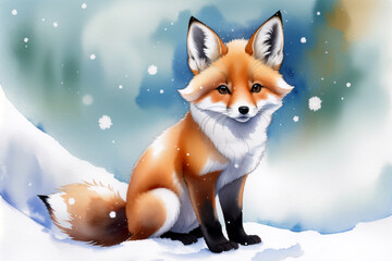 Fototapeta premium Cute red fox on snow in the winter time. generative ai.