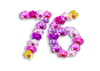 The shape of the number 76 is made of various kinds of orchid flowers. suitable for birthday, anniversary and memorial day templates