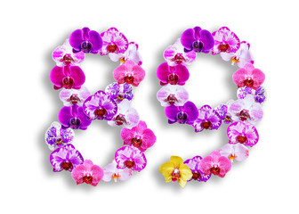The shape of the number 89 is made of various kinds of orchid flowers. suitable for birthday, anniversary and memorial day templates