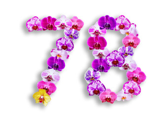 The shape of the number 78 is made of various kinds of orchid flowers. suitable for birthday, anniversary and memorial day templates