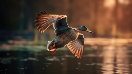 A mallard duck in flight above the water. - obrazy, fototapety, plakaty