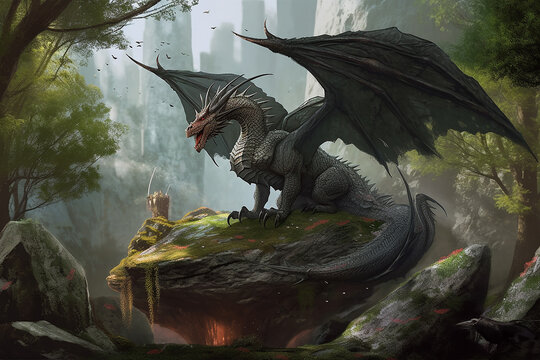 forest dragon sits on a rock in the forest. AI Generated.