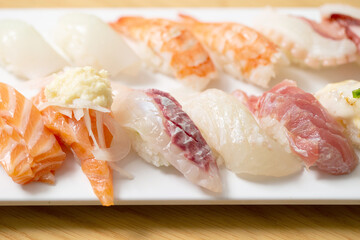 Different types of sushi on a plate