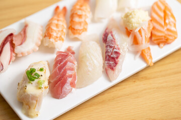 Different types of sushi on a plate