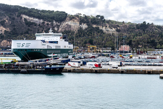 Grimaldi hybrid cargo ship moored at the loading dock in Barcelona, Catalonia, Spain
