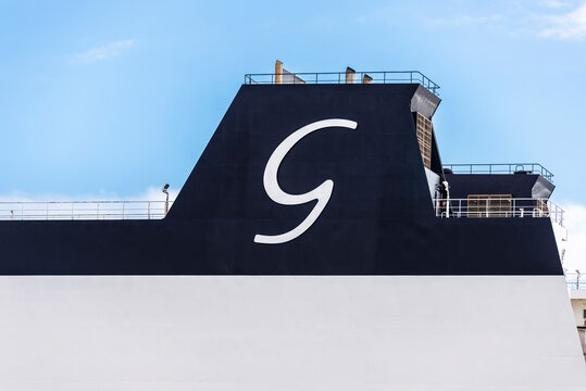 Sign and logo of Grimaldi cargo ship in Barcelona, Spain