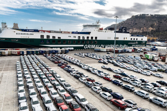 Grimaldi hybrid cargo ship moored at the loading dock in Barcelona, Catalonia, Spain