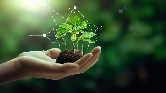 Persons hand holding a green plant to protect nature Save and care World for sustainable. concept of the environment ecology and Earth. Generated Ai.