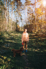 A boy with a small brown dog walks in a park. Leisure with a pet in nature. Front view