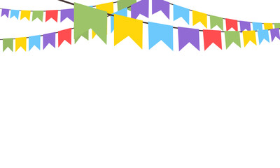 Celebrate hanging buntings garlands. Colorful perspective flags party isolated on white background. Birthday, Christmas, anniversary, and festival fair concept. Vector illustration flat design.