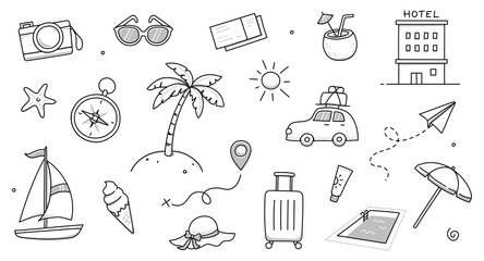 Summer travel vacation drawn set. Hand drawn sketch doodle style summer trip, vacation background. Sun, travel bag, beach tent doodle element. Funny tourism vector illustration. © Polina Tomtosova