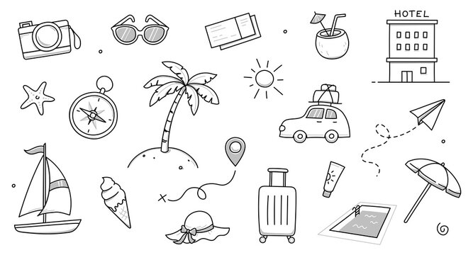 Summer travel vacation drawn set. Hand drawn sketch doodle style summer trip, vacation background. Sun, travel bag, beach tent doodle element. Funny tourism vector illustration.