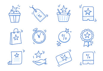 Doodle gift, discount coupon icon set. Hand drawn sketch style bonus card, loyalty program icon. Bonus point reward program offer doodle. Blue line stroke. Vector illustration