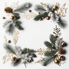 Fototapeta na wymiar Festive round frame Christmas tree branches, pinecone and red berries, Concept minimalist Christmas and new year,AI generated.