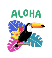 Toco toucan and Tropical Plant, Aloha Illustration
