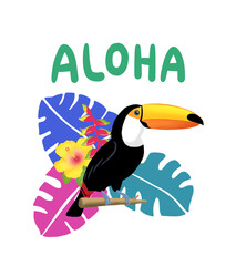 Toco toucan and Tropical Plant Aloha Illustration