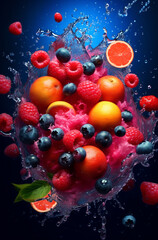 Fototapeta na wymiar fresh multi fruits splashing into blue clear water splash, healthy food diet freshness concept