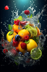 Fototapeta na wymiar fresh multi fruits splashing into blue clear water splash, healthy food diet freshness concept