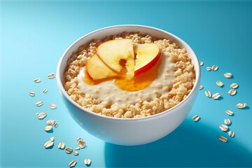 tasty oatmeal with apples and honey in a glass bowl, isolated on a light blue background, created with generative ai