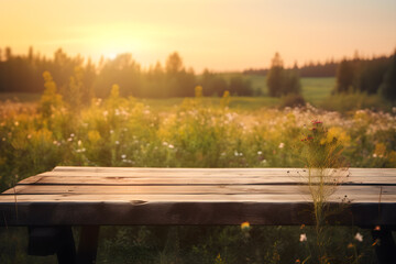 Empty Rustic Wooden Table in front of the Beautiful Meadow with Lens Flare Sunset Background for Product Display. Generative AI Technology.