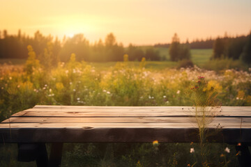 Naklejka premium Empty Rustic Wooden Table in front of the Beautiful Meadow with Lens Flare Sunset Background for Product Display. Generative AI Technology.