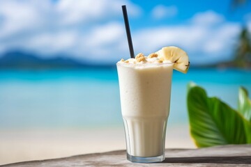 Vanilla Milkshake on Tropical Ocean. Generative AI