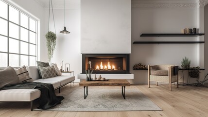 a beautiful house in which the fireplace in the living room gets a lot of attention, impressive design, beautiful finish, elegant appearance