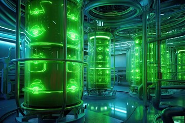 bioenergy power plant: Automated systems monitor and regulate the process, ensuring optimal efficiency. The air is filled with a faint hum of machinery, accompanied by the earthy scent Generative AI