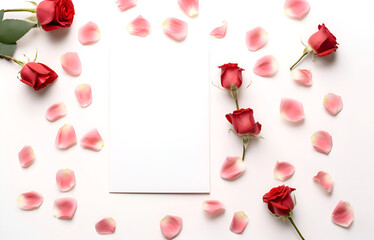 Creative Floral concept. Beautiful pink red rose and petals stalk scattered isolated with note card on white background. Template for product presentation display.. flat lay top view. copy text space