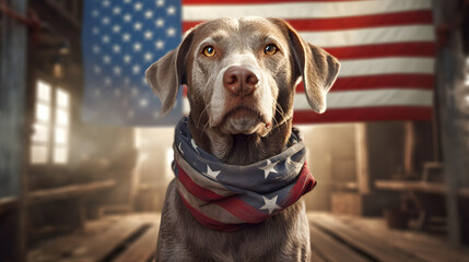 A heartwarming photograph of a loyal canine companion proudly sporting an American flag scarf made with Generative AI