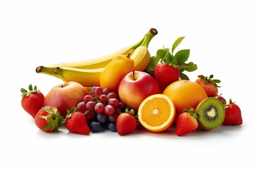 A bunch of fruits including a banana, strawberries, blueberries, and other fruits Generative AI 