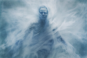 Ghost With a White Background. Generative AI.
A digital painting of a bluish ghost in a mist with a white background.