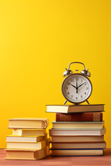 stack of books and clock on yellow background created with AI generative technology
