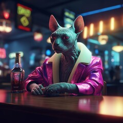 A fashion cat sitting in a bar and drinking. AI Generated content.