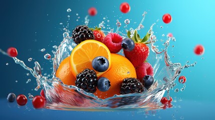 Fototapeta na wymiar Colorful berries dessert with orange juice on a blue and white background, creating a splashing effect. generative ai